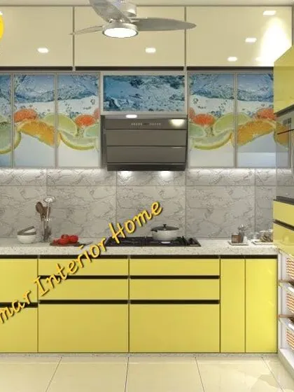 A vibrant yellow and white modular kitchen. This L-shaped design features high-gloss laminate, handleless cabinets, and a custom printed backsplash, showing our ability to work with bold colors.