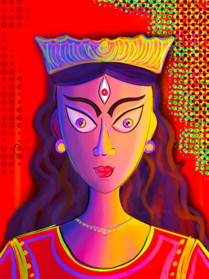 A close-up of my Spider-Verse inspired Durga, focusing on the glowing colors and bold expression.