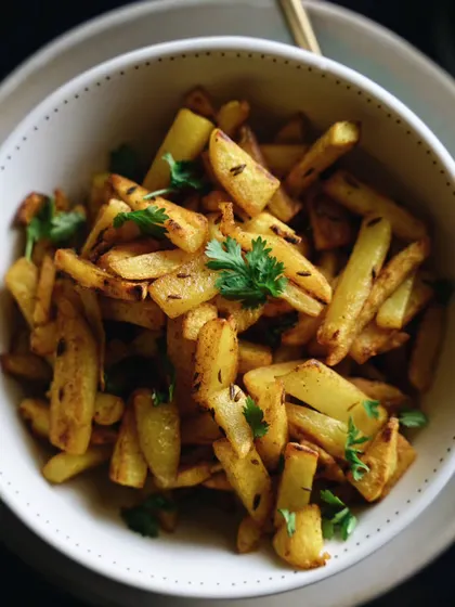 Simple, comforting, and delicious Aloo Fry. Shot from above in a clean, minimalist style, this image makes a humble side dish look incredibly appetizing.