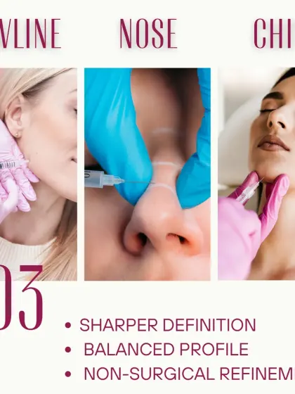 This graphic showcases how fillers can provide non-surgical refinement to the lower face. I use them to create a sharper jawline, a more balanced profile with chin augmentation, and even for non-surgical nose refinement.