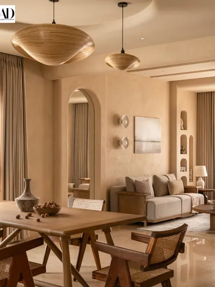 Another perspective of the Architectural Digest-featured villa, capturing the harmonious flow between the dining and living areas. The use of arches and a consistent color palette creates a unified, serene atmosphere.