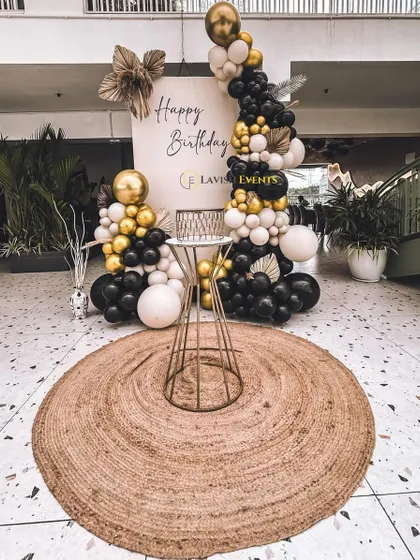 Another view of the chic black, white, and gold decor, perfect for any stylish event.