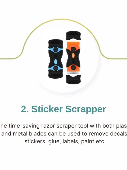 One of our essential tools is a sticker scraper. This time-saving razor tool is perfect for removing old labels, stickers, and glue from surfaces, ensuring a clean slate for our organizing projects.