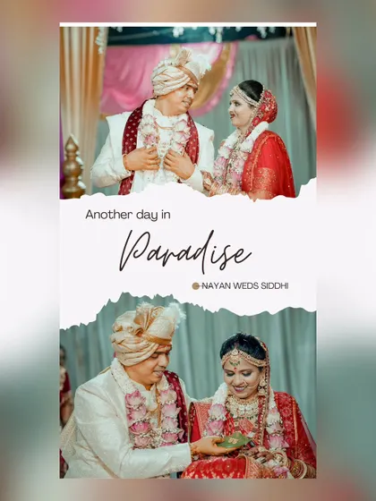 A creative collage telling a story of "another day in paradise." It combines a candid shot of the couple during a ritual with a more formal portrait.