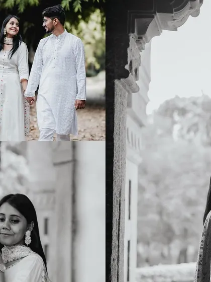 A series of black and white images that tell a story of quiet connection. From walking hand-in-hand to sharing a close moment, this collage showcases the gentle, romantic side of a pre-wedding session.