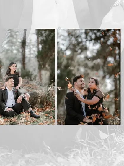 A collage of a couple enjoying an autumn day in the forest. The falling leaves add a dynamic and romantic element to these pre-wedding photos.