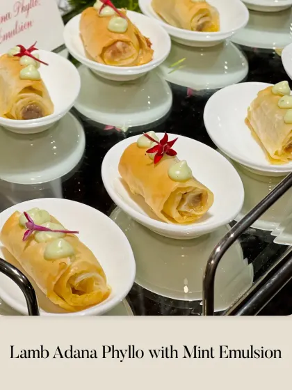 A close-up of our Lamb Adana Phyllo with a cooling mint emulsion, showcasing the delicate presentation and thoughtful flavor pairing.