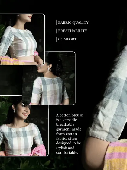A closer look at the quality, breathability, and comfort of our checked cotton blouse. It's a versatile garment designed to be both stylish and comfortable.