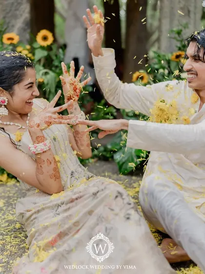The pure, uninhibited joy of a Haldi ceremony. We love creating vibrant, fun-filled spaces where couples and their families can make memories like this.