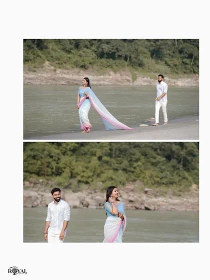 A diptych of a couple by the river, with the bride's beautiful two-toned saree flowing in the breeze.