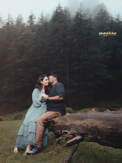 An intimate moment as a couple sits on a fallen log in a green meadow, sharing a quiet kiss during their anniversary shoot.