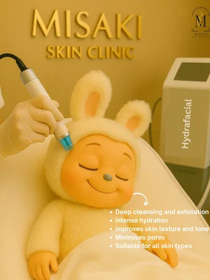 Even Lububu knows the secret to a great glow. This graphic illustrates the key benefits of a HydraFacial, including deep cleansing, intense hydration, and improved texture.