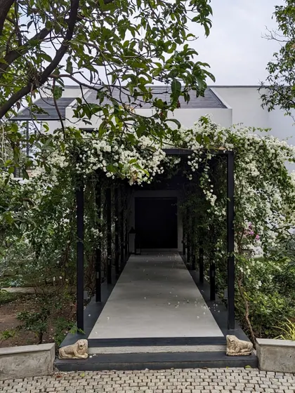 The entrance to the Mango Orchard House is through a beautiful pergola covered in white bougainvillea. This creates a welcoming and enchanting transition from the driveway to the front door, immediately immersing visitors in nature.