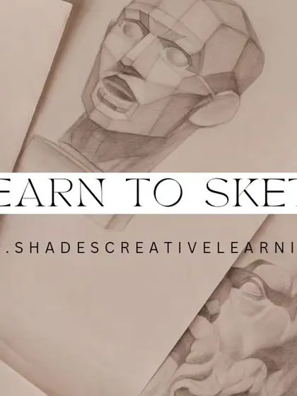A graphic showcasing the foundational studies in our sketching courses. We guide students through understanding form, structure, and anatomy, using classical busts and geometric shapes as learning tools.