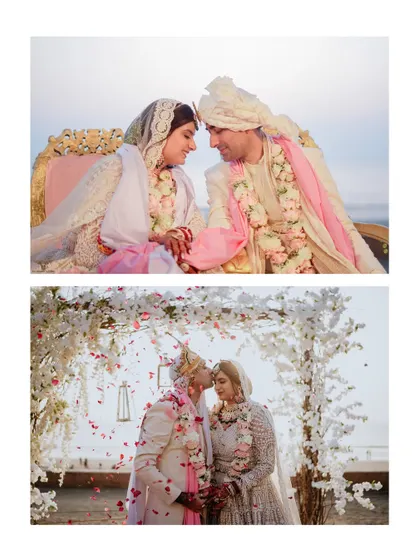 A collage of romantic beachside moments. It features the couple sharing an intimate glance and a celebratory kiss under a beautiful floral arch.