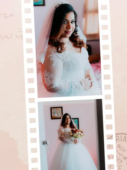 A film-strip style collage of the bride getting ready, showing her in her beautiful white gown and holding her bouquet.