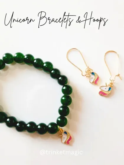 For a more earthy and elegant vibe, here is the unicorn bracelet and hoop set with deep green beads.
