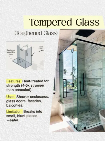 Tempered or toughened glass is heat-treated for strength, making it 4-5 times stronger than annealed glass. It's used for shower enclosures and facades because it breaks into safer, blunt pieces.