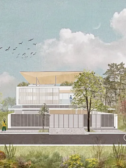 An architectural illustration of the Akiri Residence, blending a clean line drawing with a soft, watercolor-like background. This style of presentation helps convey the mood and atmosphere of the proposed design.