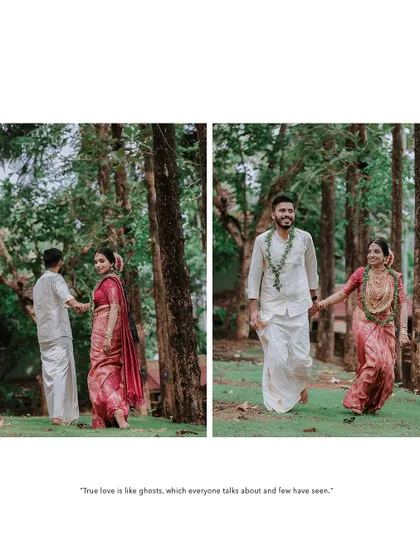 A collage of a couple walking hand-in-hand through a forest path after their wedding.