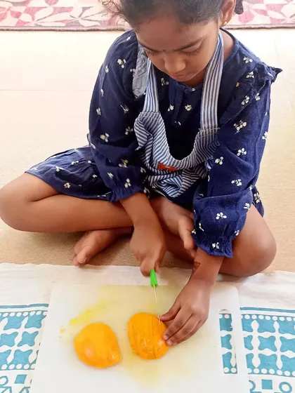 A collage of moments from our mango-themed cooking sessions, where children learned to peel, slice, and prepare delicious mango treats like milkshakes and cheesecake.