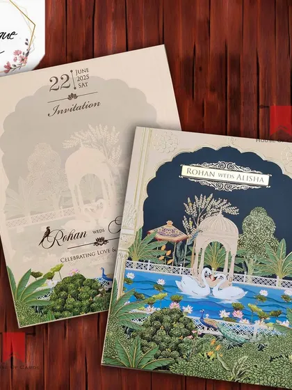A serene Pichwai design featuring swans on a lake surrounded by lush greenery and palace architecture, perfect for a tranquil and elegant wedding theme.