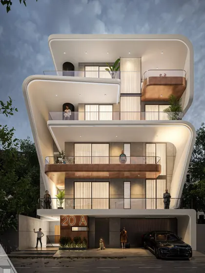 Our design proposal for a residence in Dwarka, Sector 23. This concept uses fluid, wrap-around frames to define each floor, with contrasting bronze-colored balconies adding warmth and visual interest to the concrete structure.