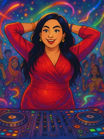 An artistic illustration that beautifully captures my essence as a DJ. It shows me at the console, surrounded by a dancing crowd, embodying my philosophy: do everything from the heart and be your own unique artist.