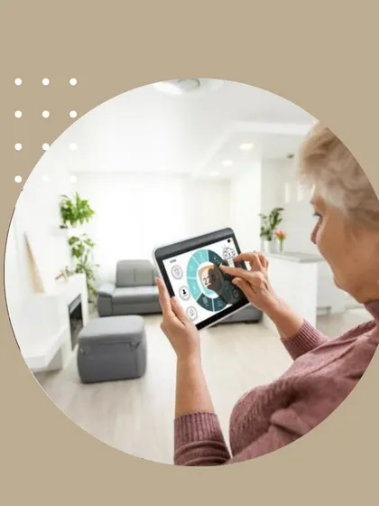 An older adult easily navigates the home control app on a tablet, demonstrating its accessibility and user-friendly design.