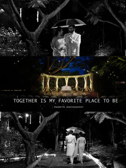 A black and white collage telling the story of a romantic walk under an umbrella through the beautifully lit reception grounds.