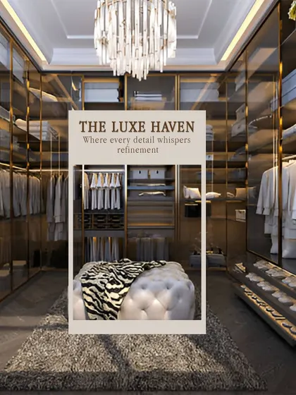 A walk-in closet should be more than just storage; it should be a personal sanctuary. This luxe haven was designed with custom glass cabinetry, integrated lighting, and a central ottoman, where every detail whispers refinement and organization.