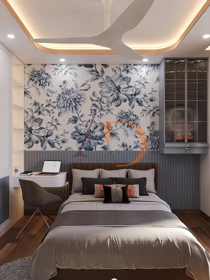 A full view of this compact yet stylish bedroom, demonstrating how different feature walls and smart furniture placement can create a dynamic and functional space.
