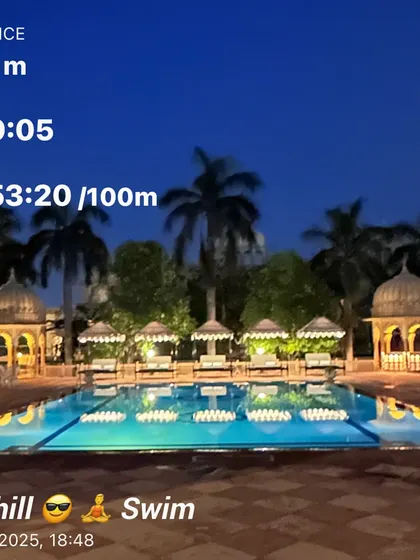 A "chill swim" in the evening is the perfect way to end a day of training. This data screen shows a relaxed swim session in a beautiful palace pool.