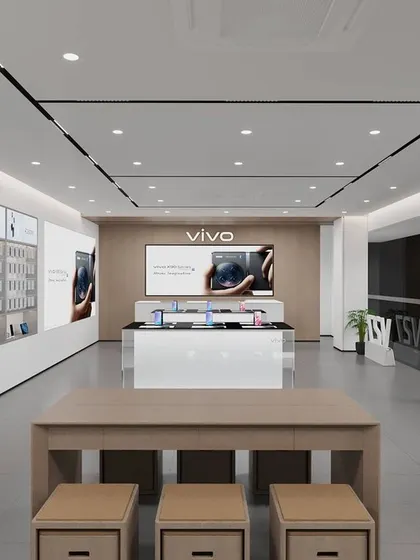 A render of a larger Vivo experience center, showing different zones for product displays and customer interaction.