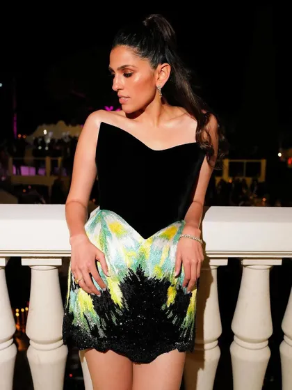 A closer look at the Sabina Bilenko dress. The contrast between the soft velvet and the sharp, artistic skirt is what makes this piece so special.