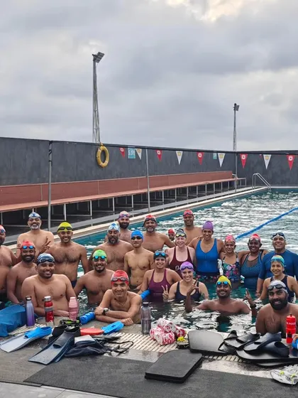 A group photo with our adult swimmers, the NMSA Jellies. This team of masters swimmers, triathletes, and open water enthusiasts is a huge part of our supportive community.