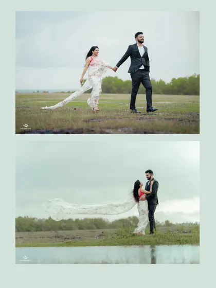 A graceful shot of the couple in an open field, with the bride's saree flowing in the wind. We use motion and nature to create dynamic and elegant pre-wedding photographs.