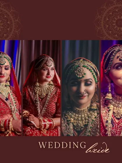 A collage of a beautiful bride in her red wedding lehenga, showcasing her look from various angles and with different expressions.