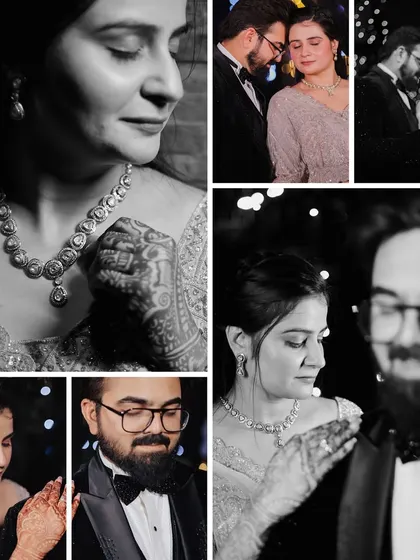 A series of black and white photos that capture the candid and emotional moments of the Sangeet. From close-ups of the bride's jewelry to the couple's interactions, these images have a timeless feel.