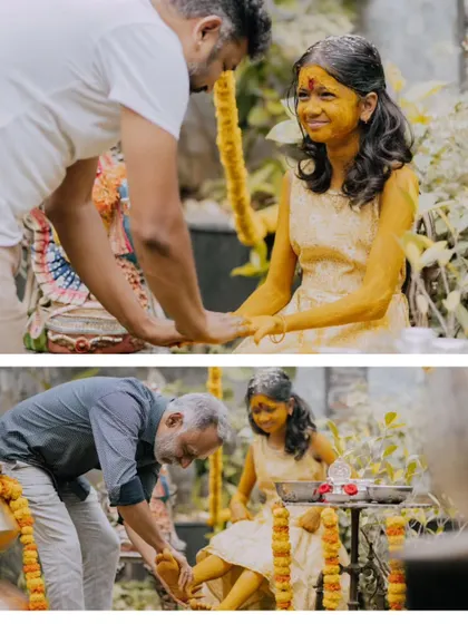 A duplicate of ID 222, this collage shows the blessings from family members during a Half Saree Haldi ceremony.