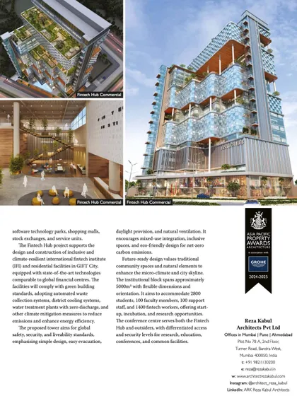A feature in International Property & Travel magazine showcasing the award-winning Fintech Hub. The design incorporates green building standards, automated waste collection, and district cooling systems for net-zero emissions.