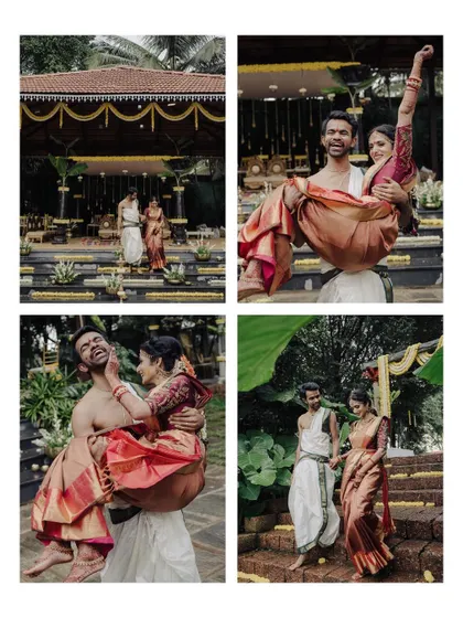 This four-part collage captures the fun and playful spirit of the couple. From walking hand in hand to the groom joyfully carrying his bride, it’s a dynamic story of their celebration.