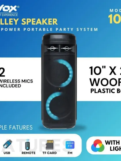 This is the model 1010 trolley speaker, equipped with two 10-inch woofers. It's a complete portable party system with multiple features and two free wireless microphones.