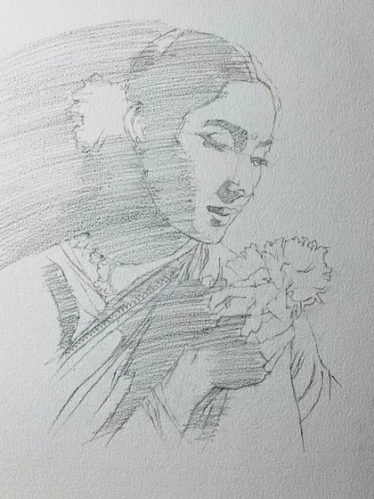 The initial graphite sketch for the Nutan portrait, showing the planning of the composition and the values.
