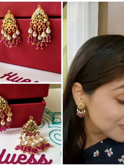 The "Suchi" earrings are elegant, lightweight, and affordable. This collage shows the product details and how beautifully they frame the face, making them a versatile choice for gifting.