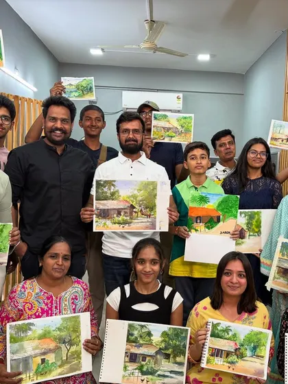 A proud moment with the students and their beautiful landscape paintings at the end of our Hyderabad workshop.