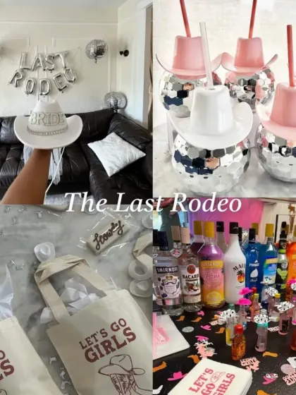 Ideas for a 'Last Rodeo' bachelorette party, complete with disco ball cups with cowboy hats, 'Let's Go Girls' tote bags, and themed decor.