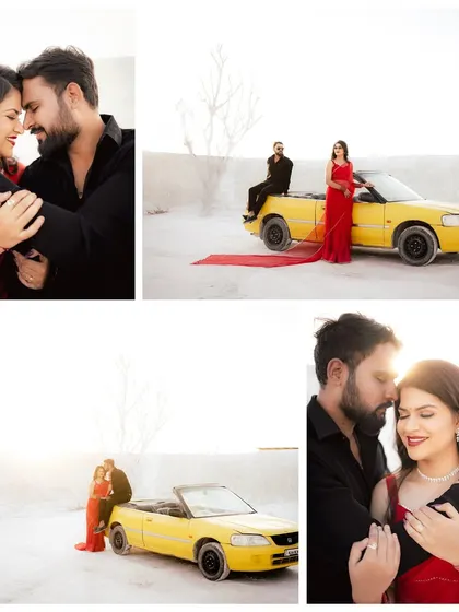 A bold and stylish shoot using a yellow convertible car as a prop on our white sand set. The contrast of the red dress and black outfits makes for a very striking image.