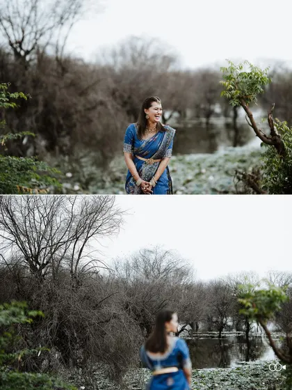A diptych showing the bride laughing and posing in a tranquil, wooded area by the water.