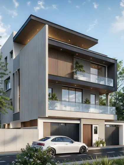 A side perspective of the JP Nagar residence. This view shows the depth of the balconies and the use of different textures and materials to break up the building's mass and add visual interest.
